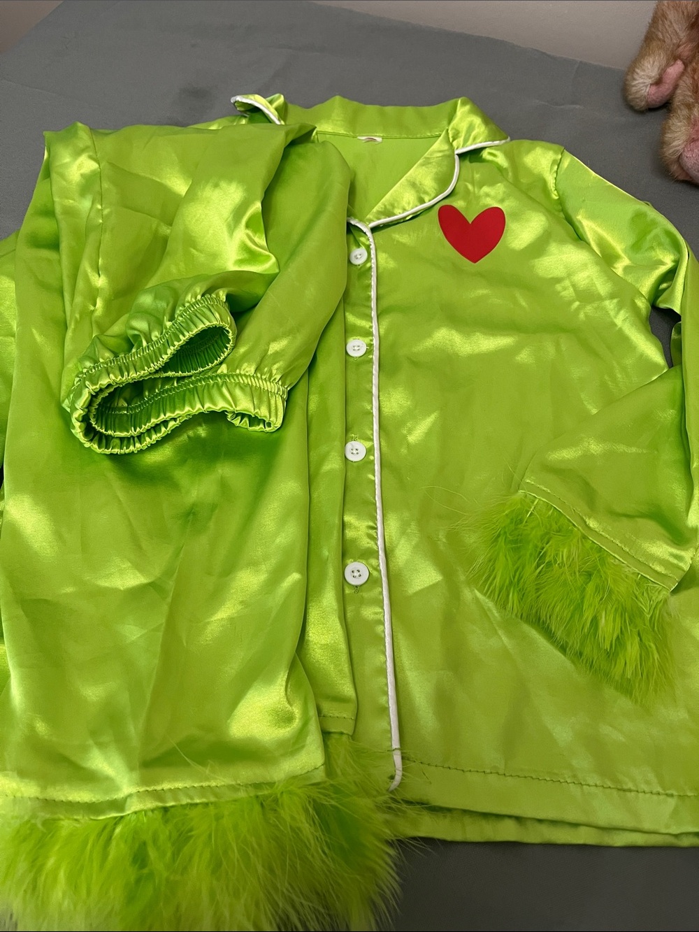 Kids Lime Green Satin Pajama Set with Red Heart